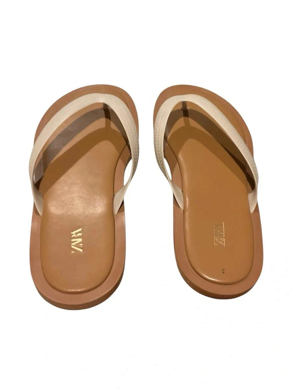 Zara Cream Strap Tan Footbed Flip Sandals - Picture 3 of 10
